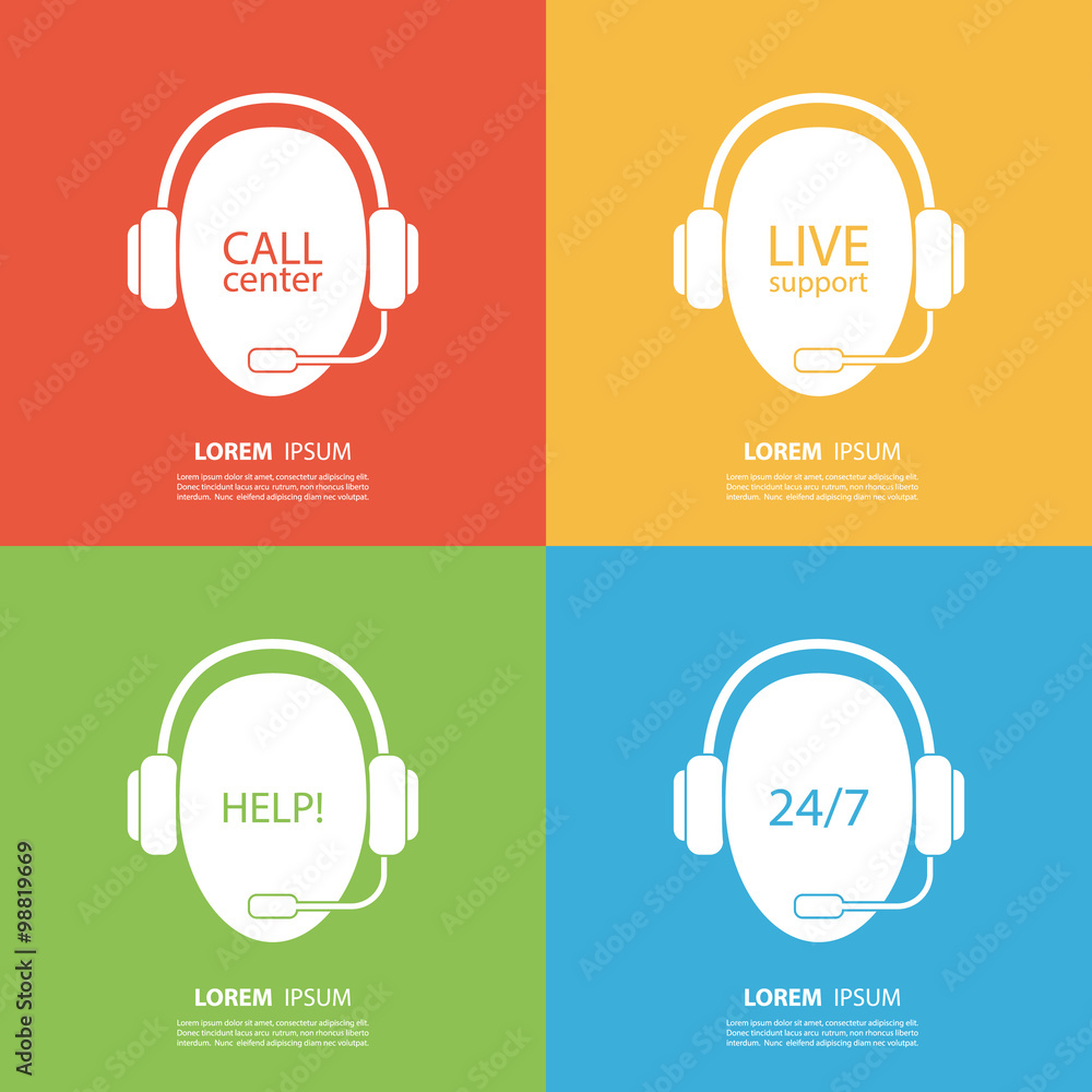 Poster call center icons. operator in headset. support vector icons. vector illustration.