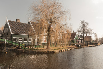 Traditional Dutch old wooden windmill in Zaanse Schans