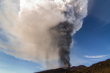 Volcano eruption. Mount Etna erupting from the crater Voragine
