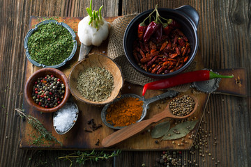 Spices on the wooden background