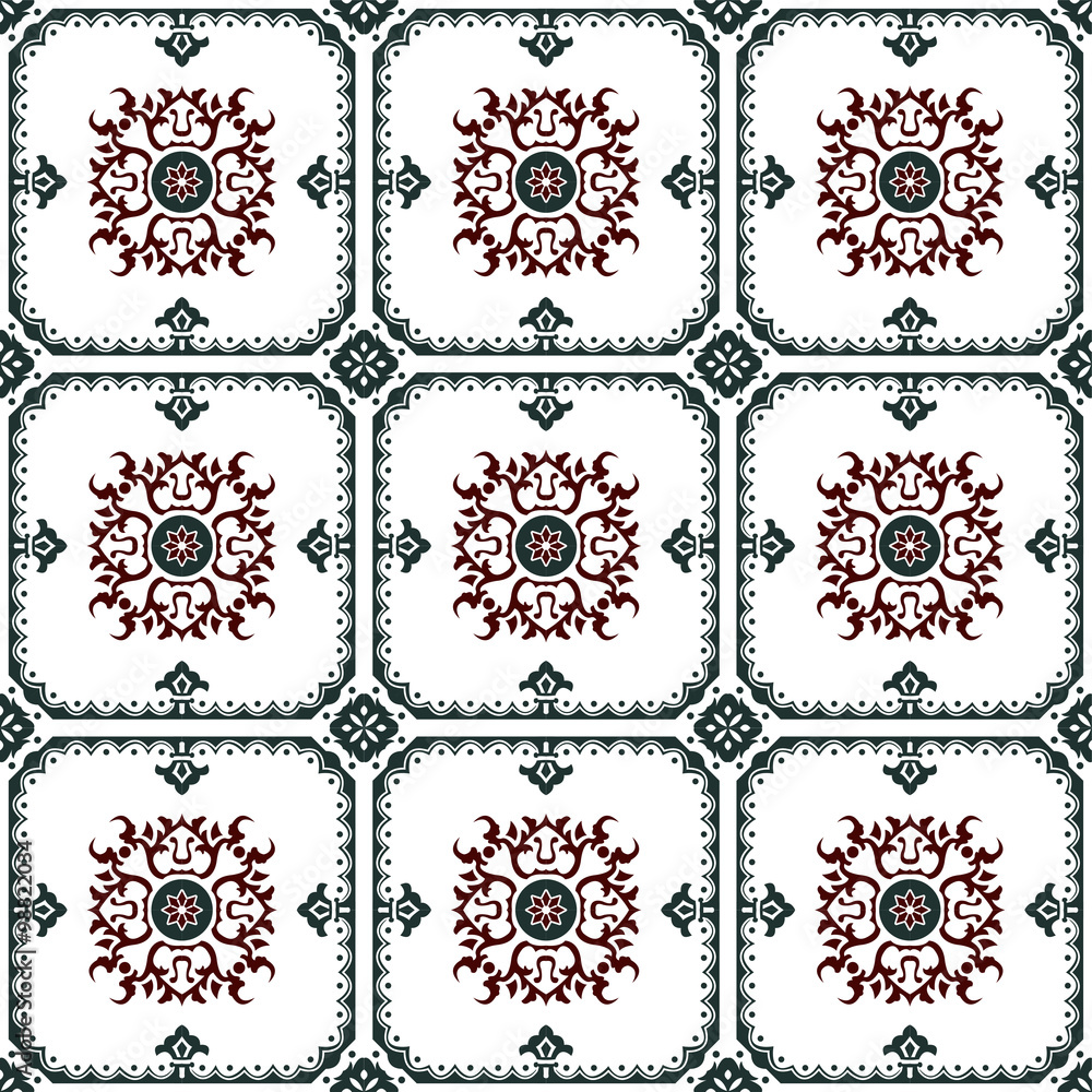 Wall mural seamless background image of vintage green round frame red spiral flower pattern tile.
