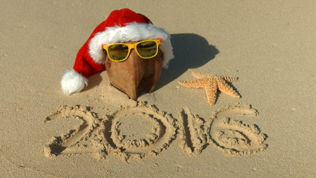 New Year 2016 - Santa hat for Christmas And Coconut On Tropical Hawaii Beach