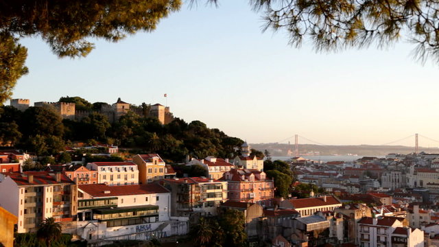 Panorama of Lisbon, Portugal, with the Castle of Sao Jorge and the 25 de Abril Bridge