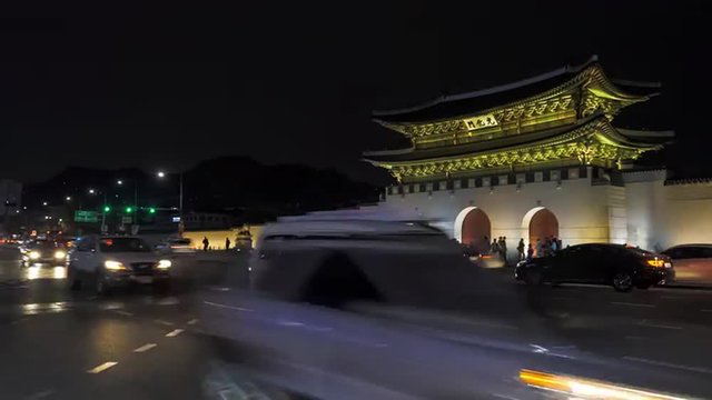 Seoul, South Korea - Night Traffic in Front of Gwanghwamun 
