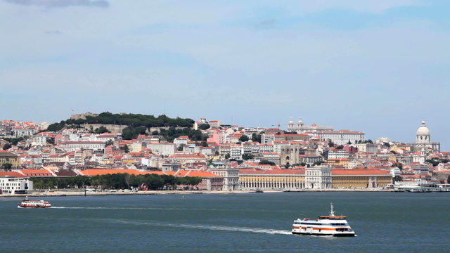 Panorama of Lisbon, Portugal with ferries on the river Tagus