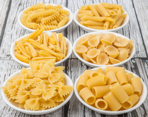 Various dried pasta variety and shapes in white bowl over wooden background