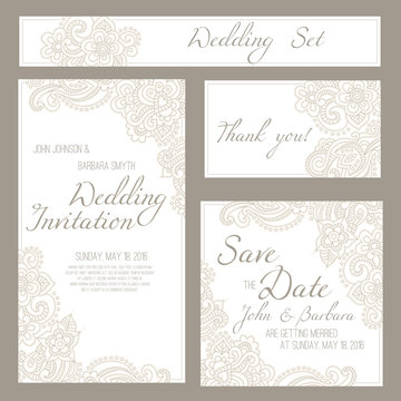 Set of wedding, invitation or anniversary cards with romantic floral background