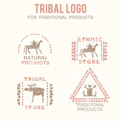 Set of 4 tribal badges for traditional and natural products, ethnic and tribal store