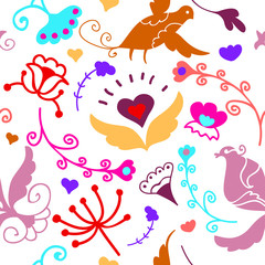 Cute doodle seamless floral ornament with birds