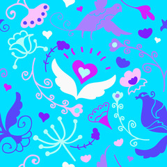 Fototapeta na wymiar Cute doodle seamless floral ornament with birds