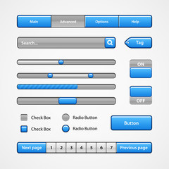 Clean Light Blue User Interface Controls. Web Elements. Website, Software UI: Buttons, Switchers, Slider, Arrows, Drop-down