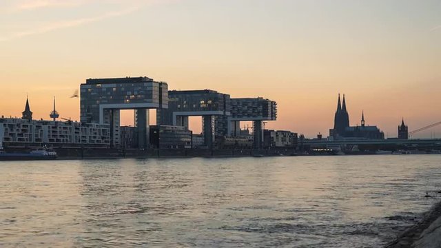 Cologne Skyline and the River Rhine at Sunset, Germany