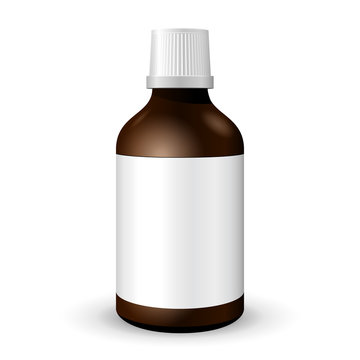 Medical Or Alcohol Glass Brown Bottle On White Background Isolated. Ready For Your Design. Product Packing. Vector EPS10