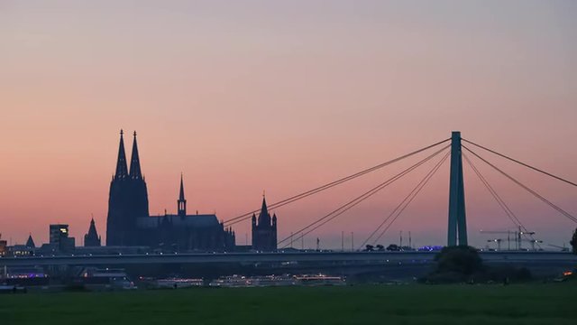 Cologne Skyline with the Cathedral and Severin Bridge at Sunset, Germany