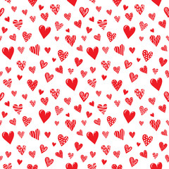 Seamless hand drawn hearts pattern on white  background. Vector illustration.