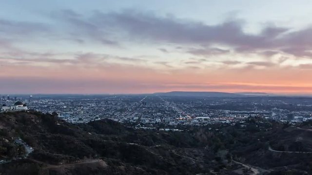 Downtown Los Angeles and Griffith Park Dusk to Night Time Lapse with Zoom Out