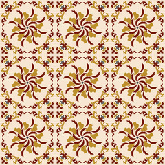 Seamless background image of vintage round spiral vine kaleidoscope pattern.
