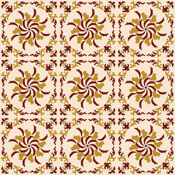 Seamless background image of vintage round spiral vine kaleidoscope pattern.

