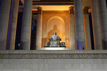 Ulaanbaatar, MN-Dec 1, 2015:  Genghis Khan Statue in front of Mongolian Government building