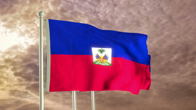 Three flags of Haiti waving in the wind (4K high detailed 3D render) with a dramatic sky in the background
