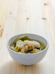 Chinese vegetable stew, mixture of vegetables and pork on wooden
