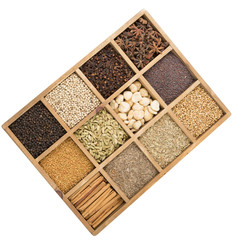 Variety of spices in wooden box 