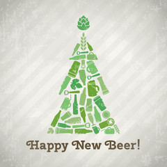 Vector christmas tree beer poster. Happy new beer tagline. Christmas tree made of craft beer bottles, beer mugs, glasses, beer ingredients and accessories. Vintage new year background in grunge style