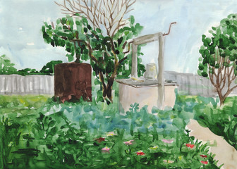 Naklejka na ściany i meble Summer view of the garden. Watercolor painting