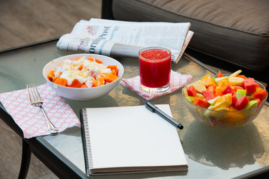 Healthy food for breakfast: watermelon juce and papaya