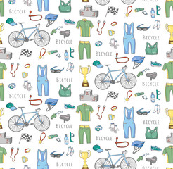 Seamless background bicycle equipment hand drawn set, doodle vector illustration of various bicycle icons, bicycling equipment accessories icons sketch collection, bicycling gear, cycling cloth shoes