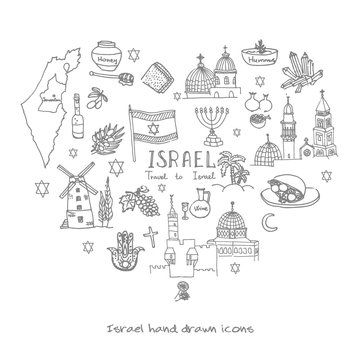 Set of hand drawn Israel icons, Jewish sketch illustration, doodle elements, Isolated national elements made in vector. Travel to Israel icons heart shaped for cards and web pages
