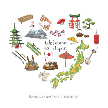 Hand drawn doodle Welcome to Japan set. Vector illustration. Sketchy Japanese related icons, Japan elements, map, pagoda, umbrella, sumo, sake, samurai, Fuji, food, sakura