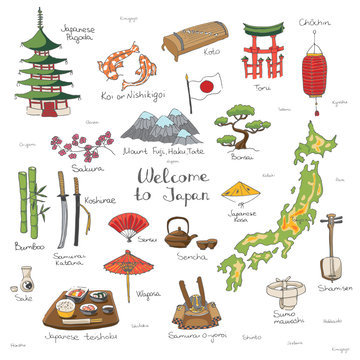 Hand drawn doodle Welcome to Japan set. Vector illustration. Sketchy Japanese related icons, Japan elements, map, pagoda, umbrella, sumo, sake, samurai, Fuji, food, sakura