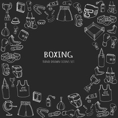 Hand drawn doodle boxing set Vector illustration Sketchy sport related icons boxing elements, boxing uniform, gloves, shoes, helmet, boxing ring, belt, trophy