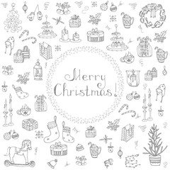 Set of hand drawn sketchy christmas elements Doodle vector illustration elements Candles gift boxes christmas tree wreath stocking candy canes cookie bells holly decoration calligraphy Merry Christmas