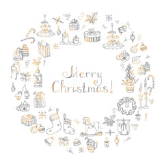 Fototapeta premium Set of hand drawn sketchy christmas elements Doodle vector illustration elements Candles gift boxes christmas tree wreath stocking candy canes cookie bells holly decoration calligraphy Merry Christmas
