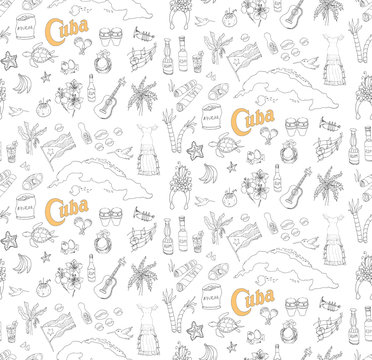 Seamless background Set of hand drawn Cuba icons, Cuban sketch illustration, doodle elements, Isolated national elements made in vector. Travel to Cuba icons for cards and web pages