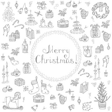 Set of hand drawn sketchy christmas elements Doodle vector illustration elements Candles gift boxes christmas tree wreath stocking candy canes cookie bells holly decoration calligraphy Merry Christmas