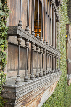 Closeup of wooden window, colonial architecture in Cali.