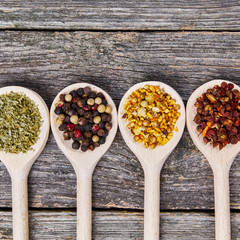 Spices on wooden spoons