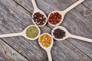 Spices on wooden spoons