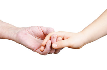 Child holding hands with an old woman isolated on white
