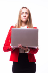 Businesswoman use laptop . Isolated on white background.
