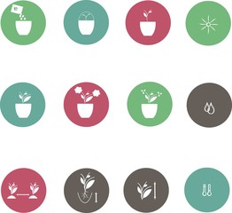 Icons of farming cultivation of seeds and plants. White mark on a cool pastel background, circles, red, green, blue, grey, flat design, vector