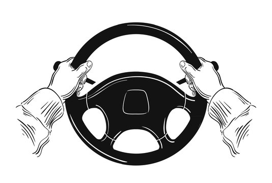 Hands On Car Steering Wheel Isolated On White Background