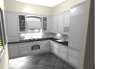 Fototapeta na wymiar kitchen white in a classic style, interior design 3D rendering