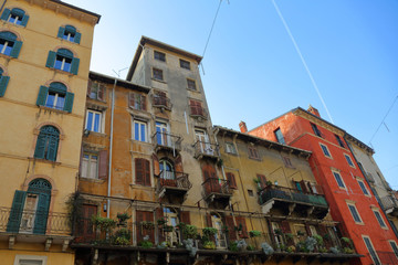 Architectural attractions of Verona, Italy. Houses and central streets in december