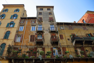 Architectural attractions of Verona, Italy. Houses and central streets in december