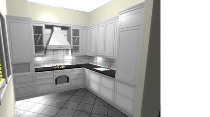 white  kitchen in a classic style, interior design 3D rendering