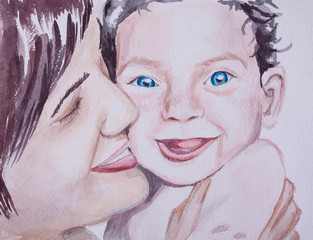 Hand painted  watercolor portrait of lovely family mother and bab